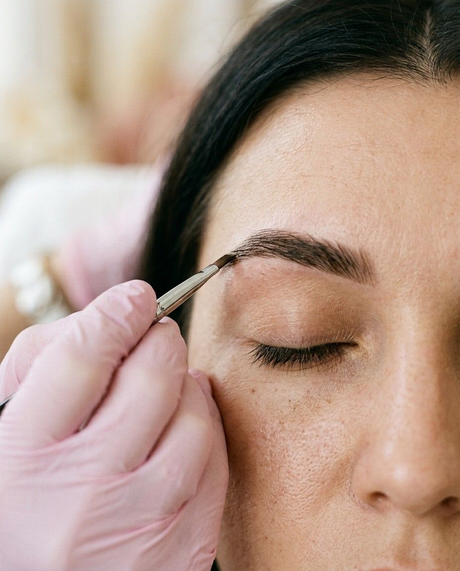 A technician in pink gloves tinting a client’s eyebrow with a small angled brush.