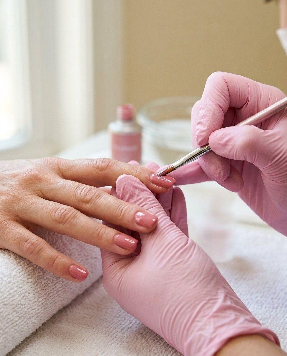 A nail technician in pink gloves painting rose-pink gel polish onto a client’s nail.